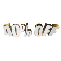 40 percent off letters on white background. 3d render isolated.