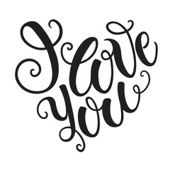 I love you doodle heart shaped hand lettering. Romantic background. Greeting card design template. Can be used for website background, poster, printing, banner. Vector illustration