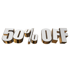 50 percent off letters on white background. 3d render isolated.