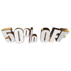 50 percent off letters on white background. 3d render isolated.