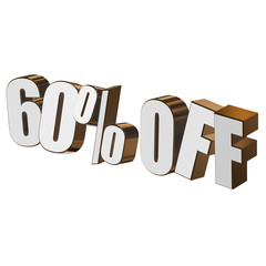 60 percent off letters on white background. 3d render isolated.