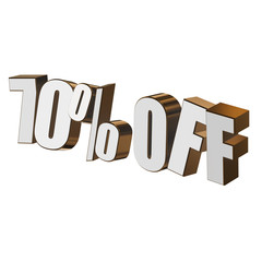 70 percent off letters on white background. 3d render isolated.