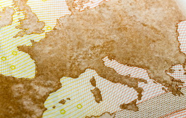 europe map on fifty euro banknote closeup