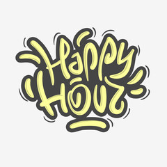 Naklejka premium Happy Hour Label Sign Design Funny Cool Brush Lettering Graffiti