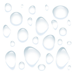 Clear transparent water drops isolated on the white background.
