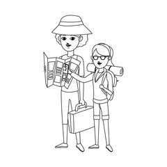 women ready to travel with briefcase and backpack over white background. people traveling concept. vector illustration