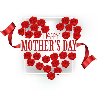Happy mother's Day greeting card with heart shaped bunch of red roses and frame. Vector illustration