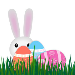 Isolated colorful eggs, bunny and grass. Happy Easter greetings card. Vector illustration.