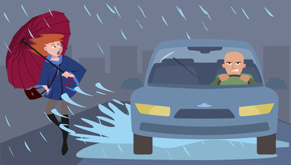 car splashes pedestrian, illustration of discourtesy