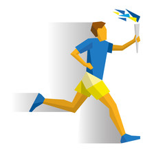 Running torchbearer. Athlete isolated on white background with shadows. International sport games infographic. Sportsman with torch - flat style vector clip art.