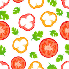 seamless pattern which depicts slices of pepper and tomato and parsley leaves