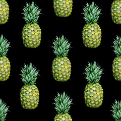 Seamless watercolor fruit illustration of pineapple. Pattern with tropic summertime motif may be used as background texture, wrapping paper, textile or wallpaper design.