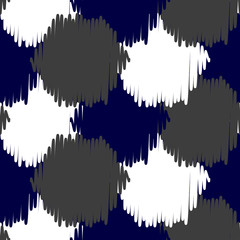 Ikat bold dots vector seamless pattern. Abstract geometric background for fabric, print or wrapping paper. Indigo blue, gray and white design.