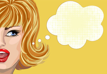 Pin up style wonder woman with speech bubble, pop art girl portrait, vector illustration