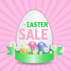 Easter selling poster in the shape of an egg with an elegant ribbon. Vector illustration.