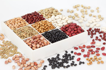 Kidney beans, assortment haricot - red, black, white, mung in square cells. Healthy protein food.
