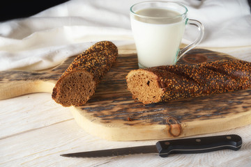 breakfast: glass of milk and loaf