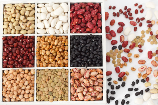 Legume background, assortment - kidney beans, peas, lentils in square cells closeup top view. Healthy protein food.