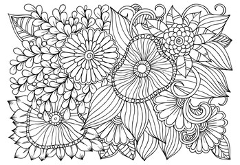 Doodle floral pattern in black and white. Page for coloring book