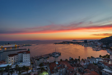 Fototapeta na wymiar Split waterfront and Marjan hill aerial view, Dalmatia, Croatia in the sunset