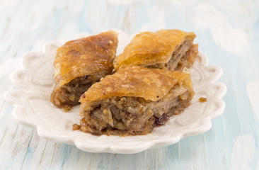 Homemade baklava dessert on a plate