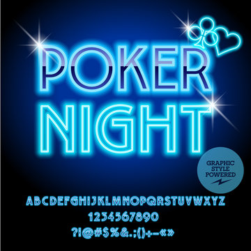 Vector casino neon icon Poker night. Set of letters, numbers and symbols. Contains graphic style