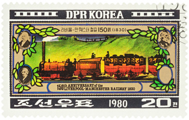 Old train in first Liverpool-Manchester Railway on postage stamp