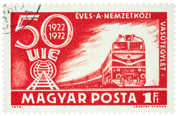 Diesel locomotive on postage stamp