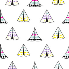 Indian teepee white vector white seamless pattern. Minimalistic style background for baby textile fabric and apparel.