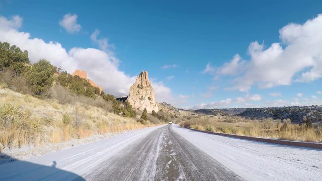 POV point of view - Driving through Garden of the Gods on late morning in the Winter