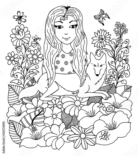 Vector Illustration Girl With A Wolf Surrounded By Flowers Work Made Hand Book