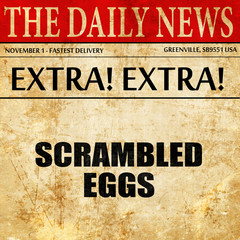 scrambled eggs, article text in newspaper
