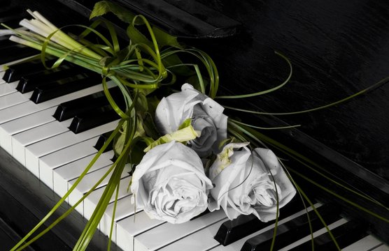 Roses on piano - with deepest sympathy