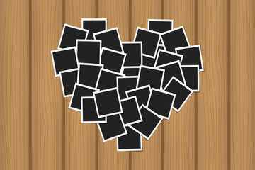 Heart concept made with photo frames on brown wooden texture. Memories, card, love template design. Vector illustration