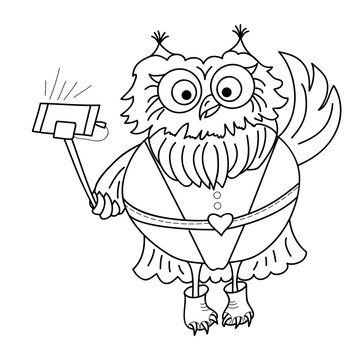 Cute cartoon owl. Owl Taking selfi photo. Doodles art. Printing on T-shirts, banners, posters, cover. Coloring page book for adults and children.