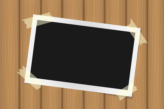 Square frame template on sticky tape with shadows on brown wooden texture. Vector illustration