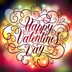 Happy Valentine's day hand lettering on blured background. Can be used for website background, poster, printing, banner, greeting card. Vector illustration