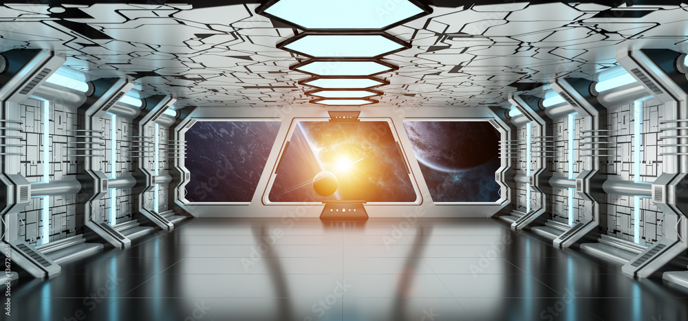 Poster Spaceship interior with view on distant planets system 3D render