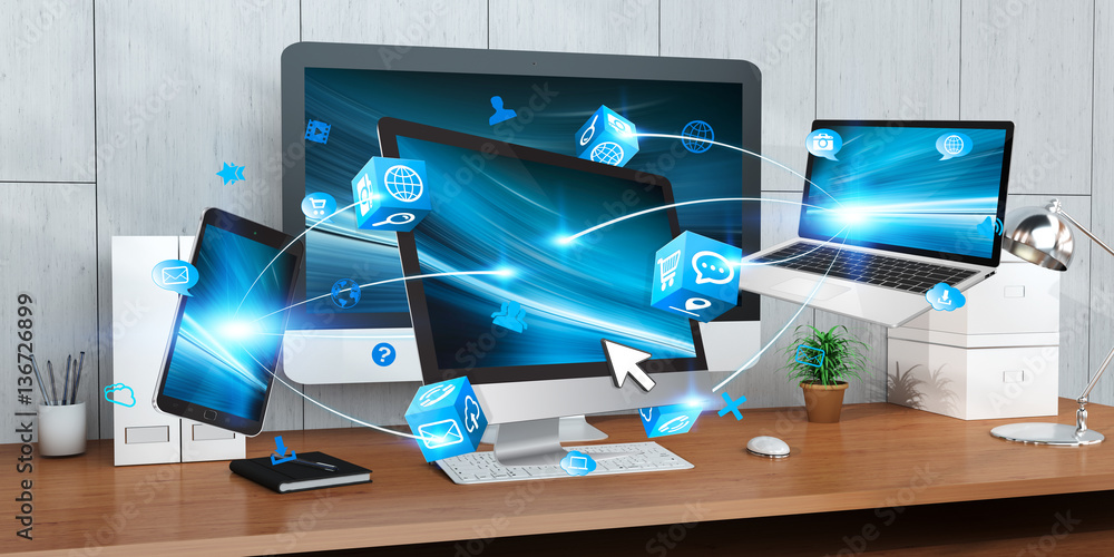 Poster modern devices on desktop interior 3d rendering