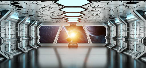 Spaceship interior with view on distant planets system 3D render