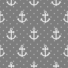 Seamless vector pattern with nautical anchors. Sea theme grey and white anchor dotted repeat background.