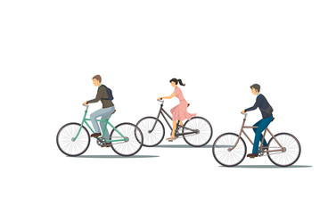 The icon of cyclist. The woman is riding the bike. The man is riding the bike.  Group of people is biking. Person rides bike. The elements of transport infrastructure. The concept of active life.