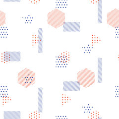 Memphis style vector seamless pattern with geometric shapes. Blue red striped triangles and circles fine print background.