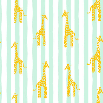Giraffe vector seamless pattern. Giraffe yellow and white texture strokes. Safari wild animal background with blue vertical lines for baby kid apparel.