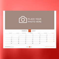 Calendar Template for March 2017. Week Starts Monday. Design Print Template. Vector Illustration Isolated on Color Background