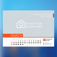 Calendar Template for March 2017. Week Starts Monday. Design Print Template. Vector Illustration Isolated on Color Background