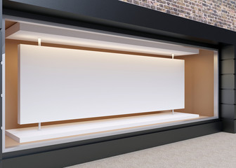 Blank mock up of store street showcase window in a city. 3D rend