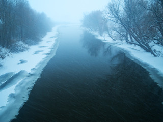 the snowfall on the river.
