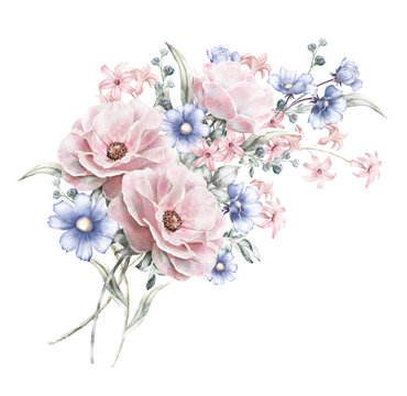 Fototapeta watercolor flowers. floral illustration in Pastel colors  rose. bunch of pink, blue flowers isolated on white background. herbs, Leaf. Cute composition for wedding or greeting card. romantic bouquet
