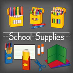 School supplies for kindergarten, daycare, back to school, marker pens, crayons,  pencils, pens, lined paper, glue sticks, scissors, folders, chalkboard background, penmanship title. EPS8 compatible.